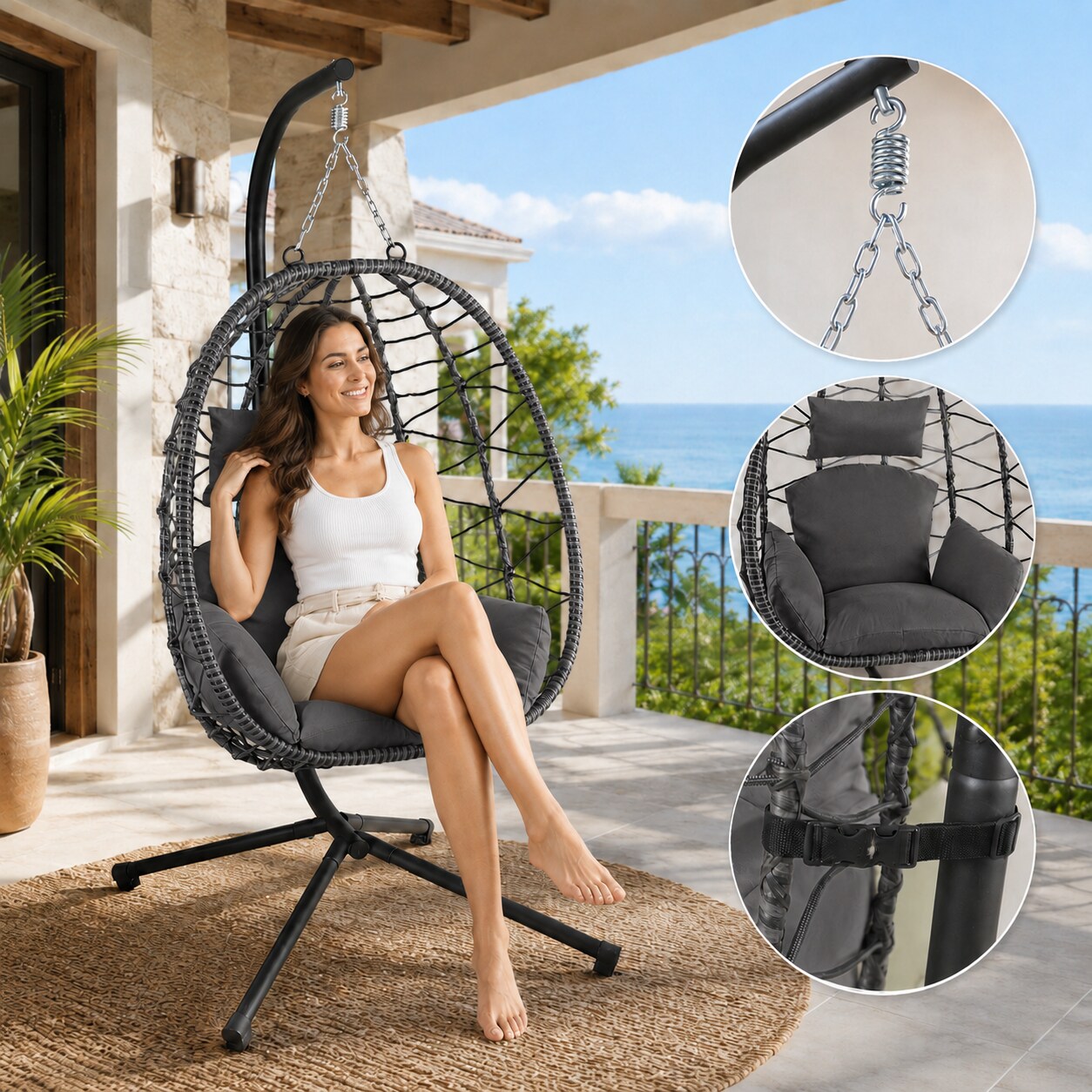 Makika Hängesessel mit Gestell höhenverstellbar aus Polyrattan in Grau