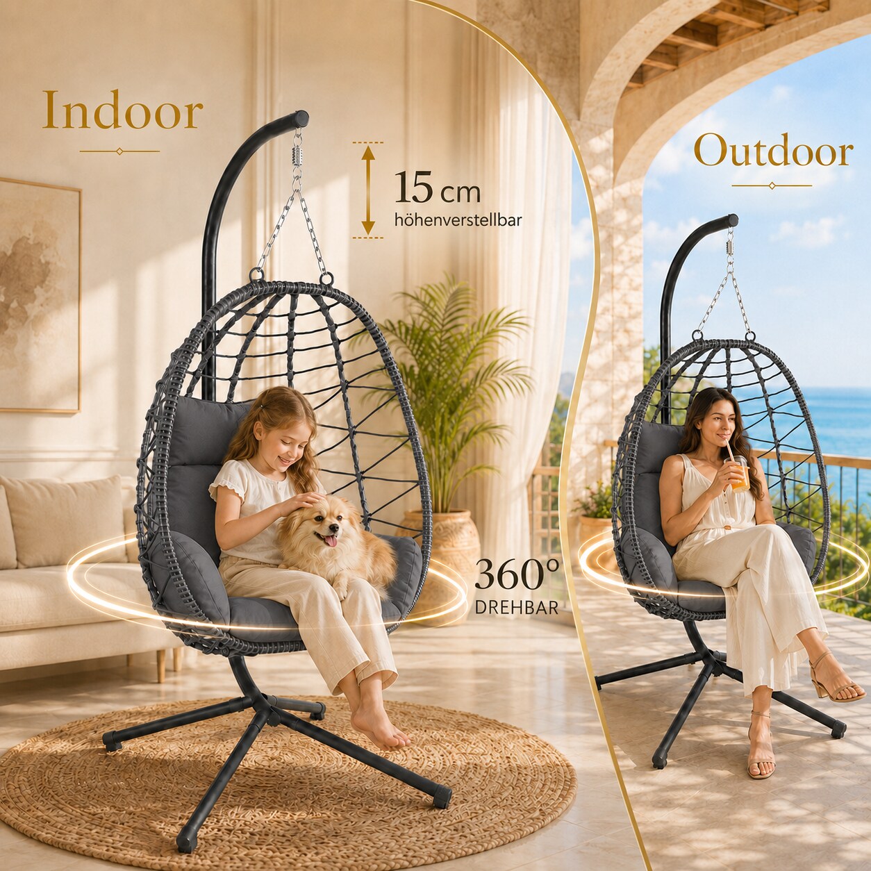 Makika Hngesessel mit Gestell hhenverstellbar aus Polyrattan in Grau  online kaufen bei Netto