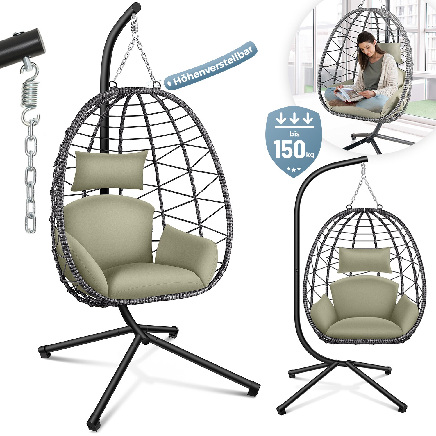 Makika H&auml;ngesessel mit Gestell h&ouml;henverstellbar aus Polyrattan in Gr&uuml;n / Grau - Bild 1