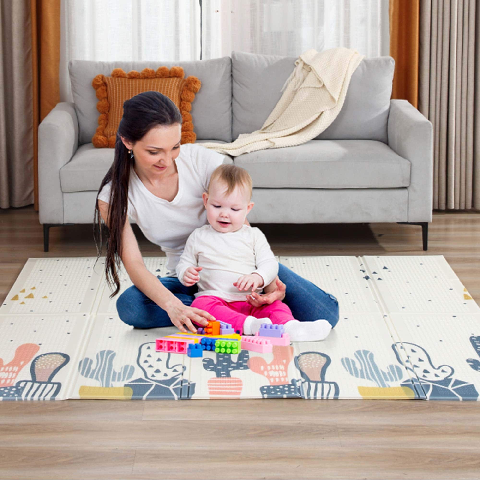 Baby Vivo Spielmatte / Spielteppich f&uuml;r Kinder doppelseitig mit Stra&szlig;e 200 x 180 cm - Kaktus - Bild 1