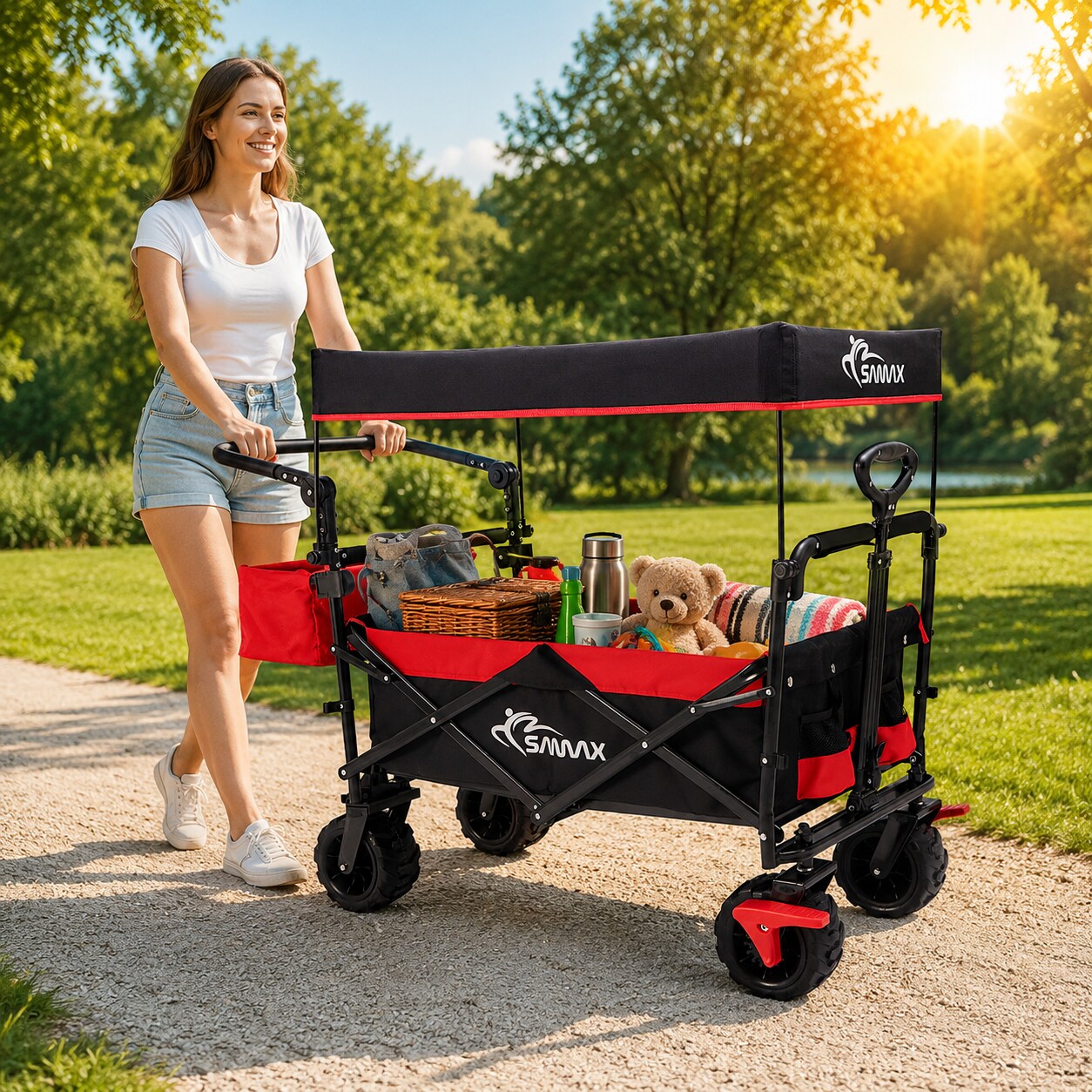 SAMAX Faltbarer Bollerwagen Offroad mit Dach - Schwarz / Grün