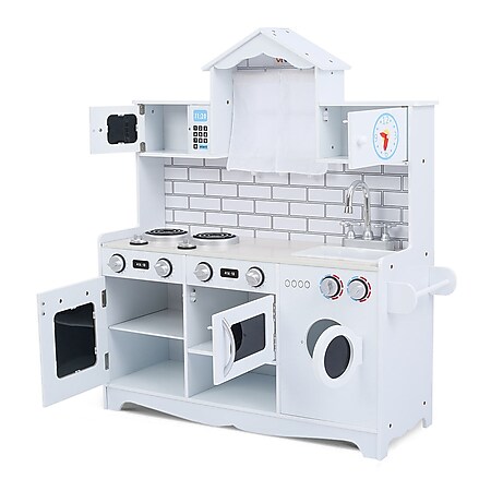 Maya mit Vorhängen in Weiß Baby Vivo Kinderküche Spielküche mit Vorhängen Fenster Mikrowelle Waschmaschine aus Holz Kinderspielküche Küche Holzküche Spielzeugküche
