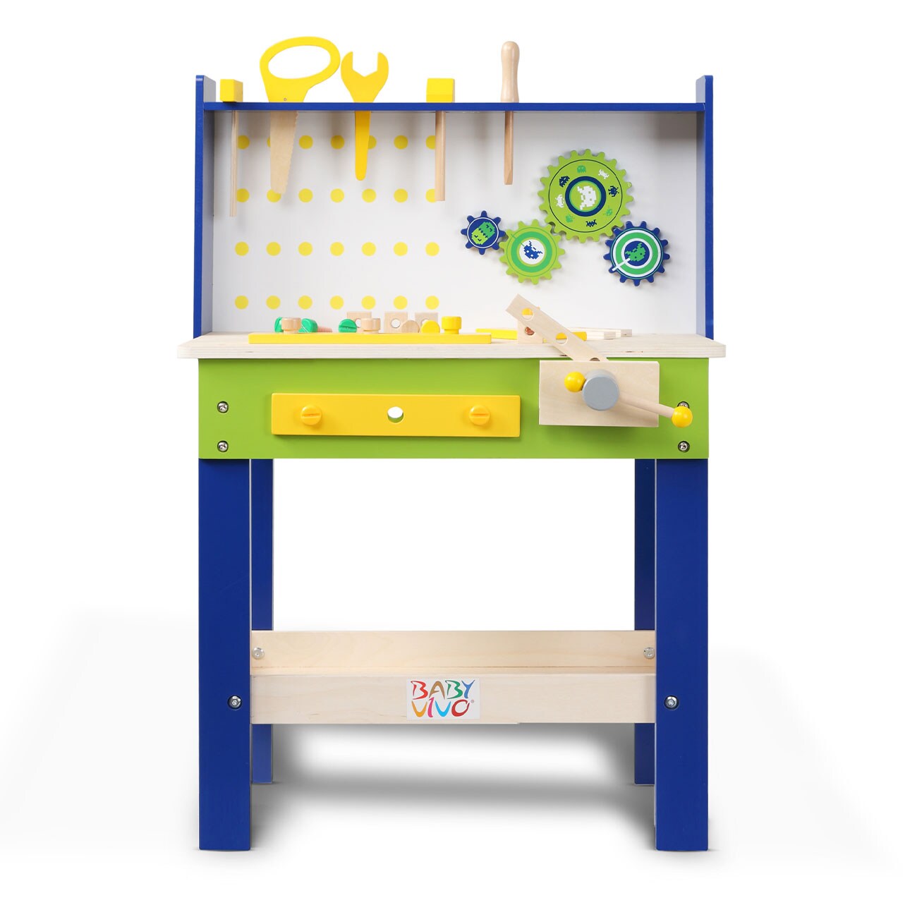 Baby Vivo Spielwerkbank / Werkbank für Kinder aus Holz – Luigi mit drehbaren Zahnrädern und 29 Teilen Zubehör | 04260595753378