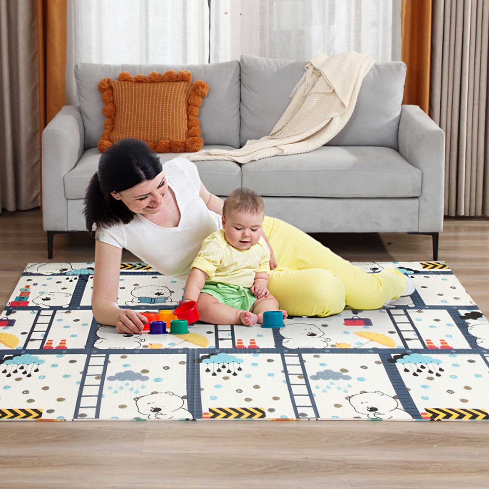 Baby Vivo Spielmatte / Spielteppich für Kinder doppelseitig mit Wald 200 x 180 cm – Bär | 04260595753477