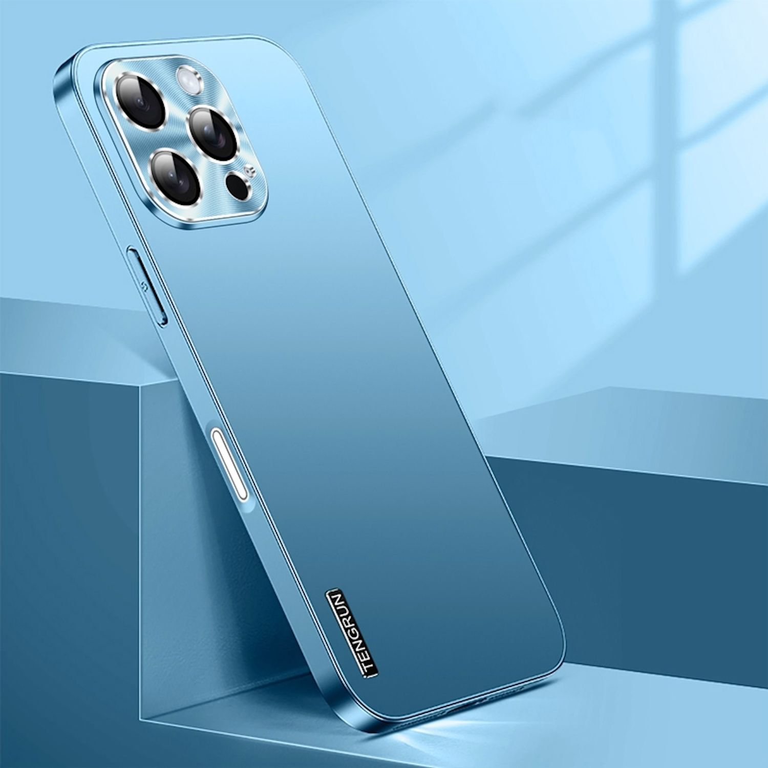 F&uuml;r Apple iPhone 16 Pro Feinmattes Metall Optik Design H&uuml;lle Hellblau - Bild 1
