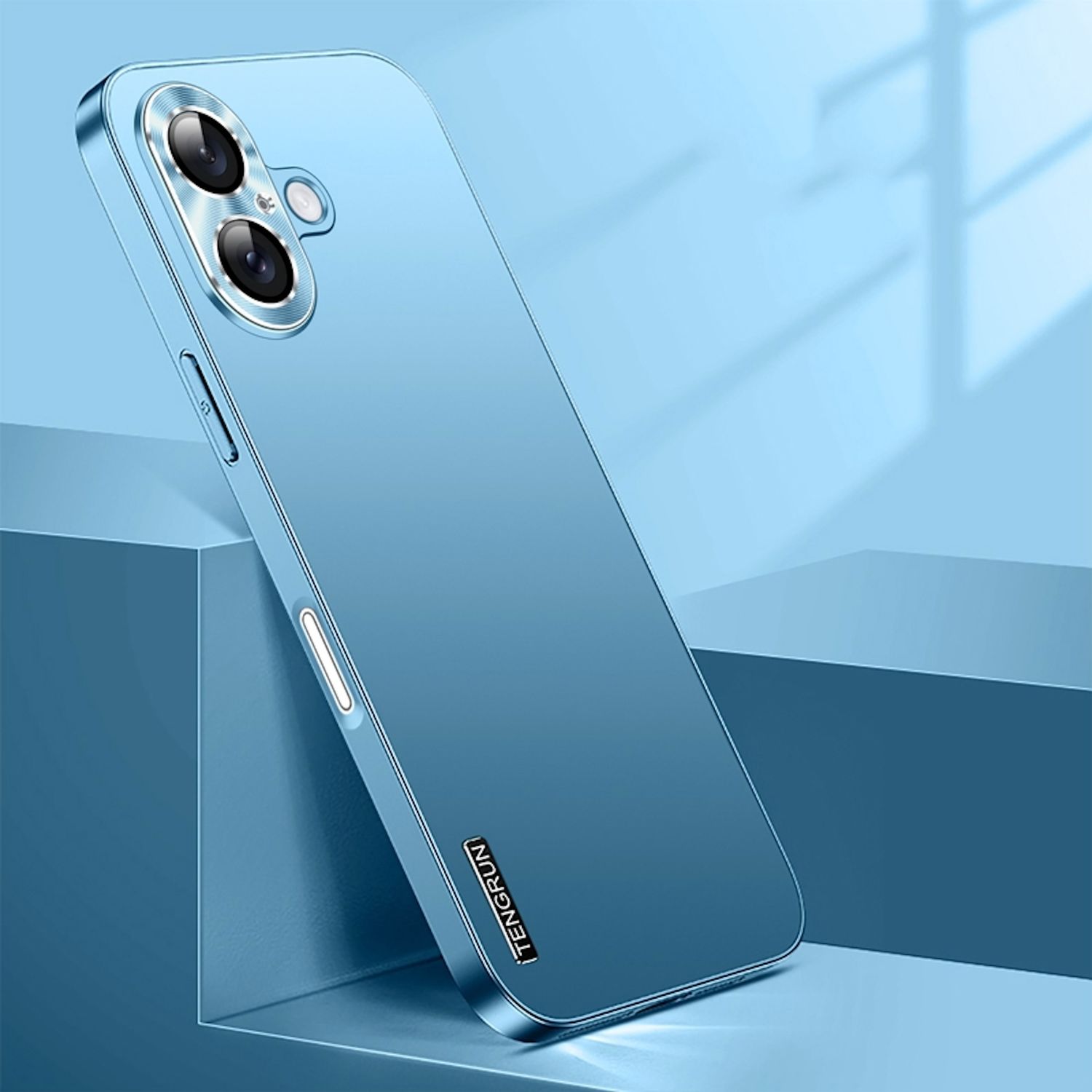 F&uuml;r Apple iPhone 16 Plus Feinmattes Metall Optik Design H&uuml;lle Hellblau - Bild 1