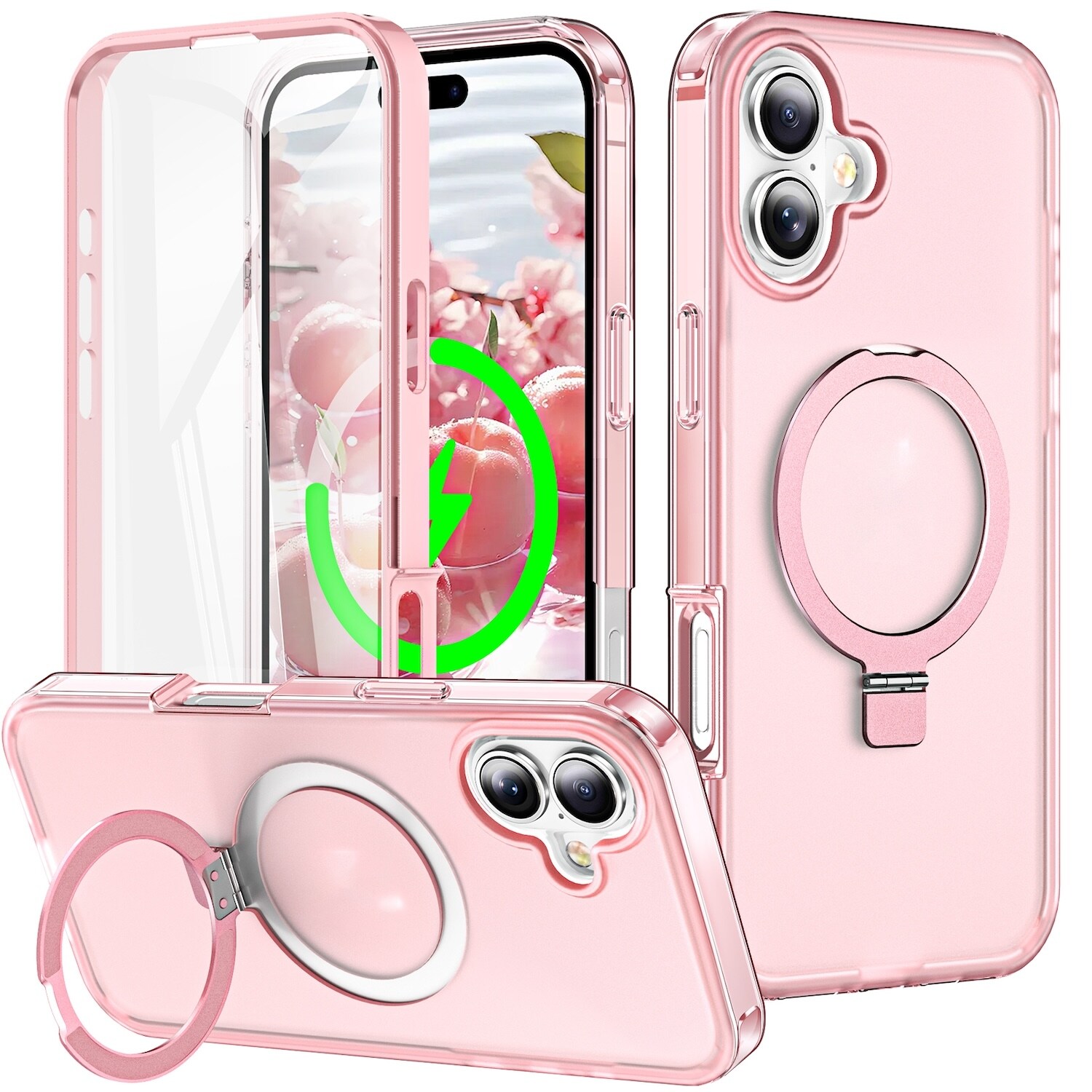 F&uuml;r Apple iPhone 16 Skin Feel MagSafe Ring Halter 360-Grad H&uuml;lle Rosa - Bild 1