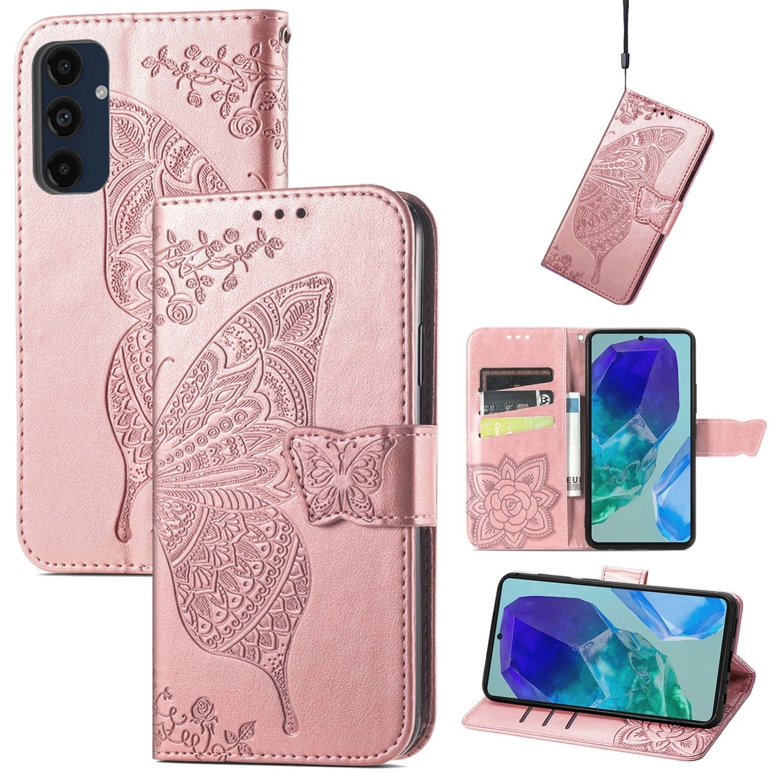 F&uuml;r Samsung Galaxy A16 Kunstleder Book Wallet Schmetterling H&uuml;lle Rosa - Bild 1