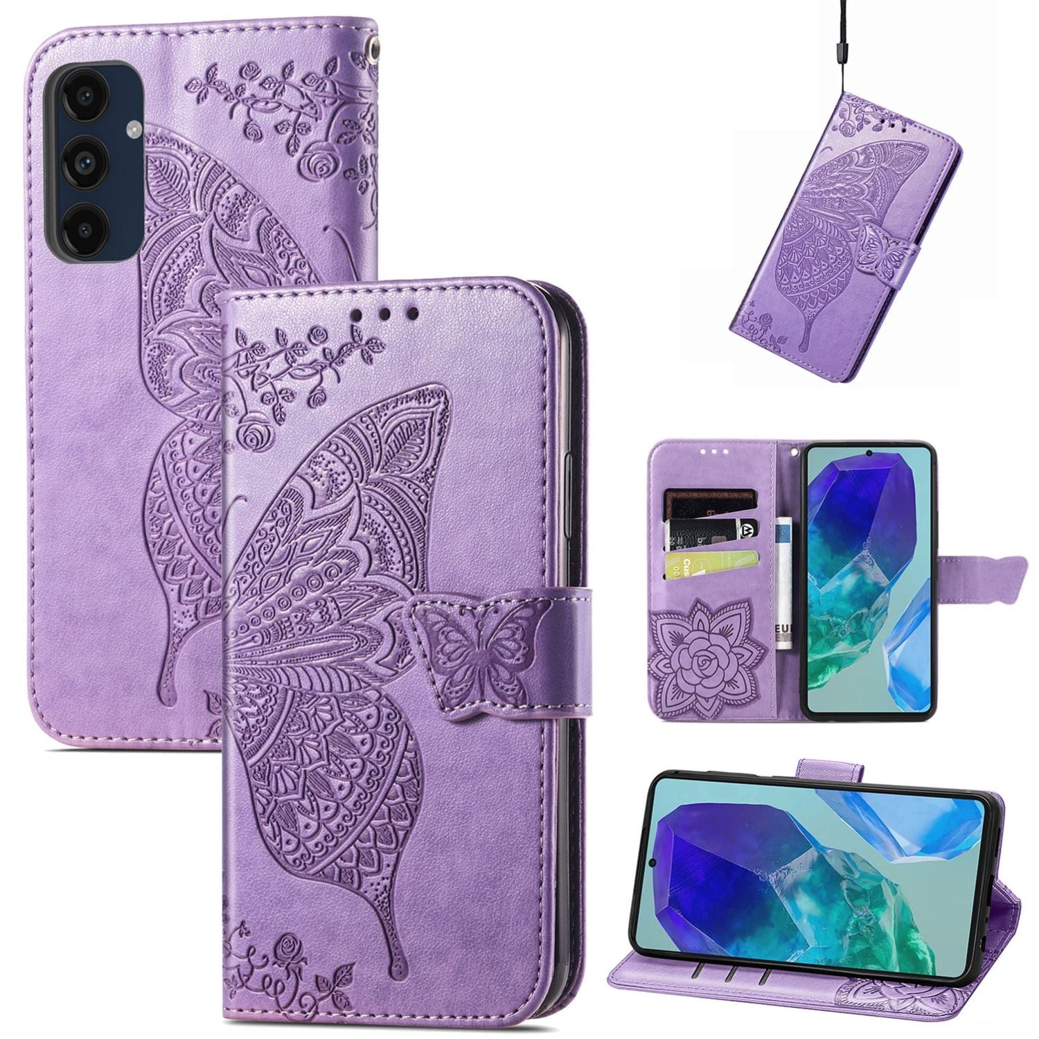 F&uuml;r Samsung Galaxy A16 Kunstleder Wallet Schmetterling H&uuml;lle Hell Lila - Bild 1