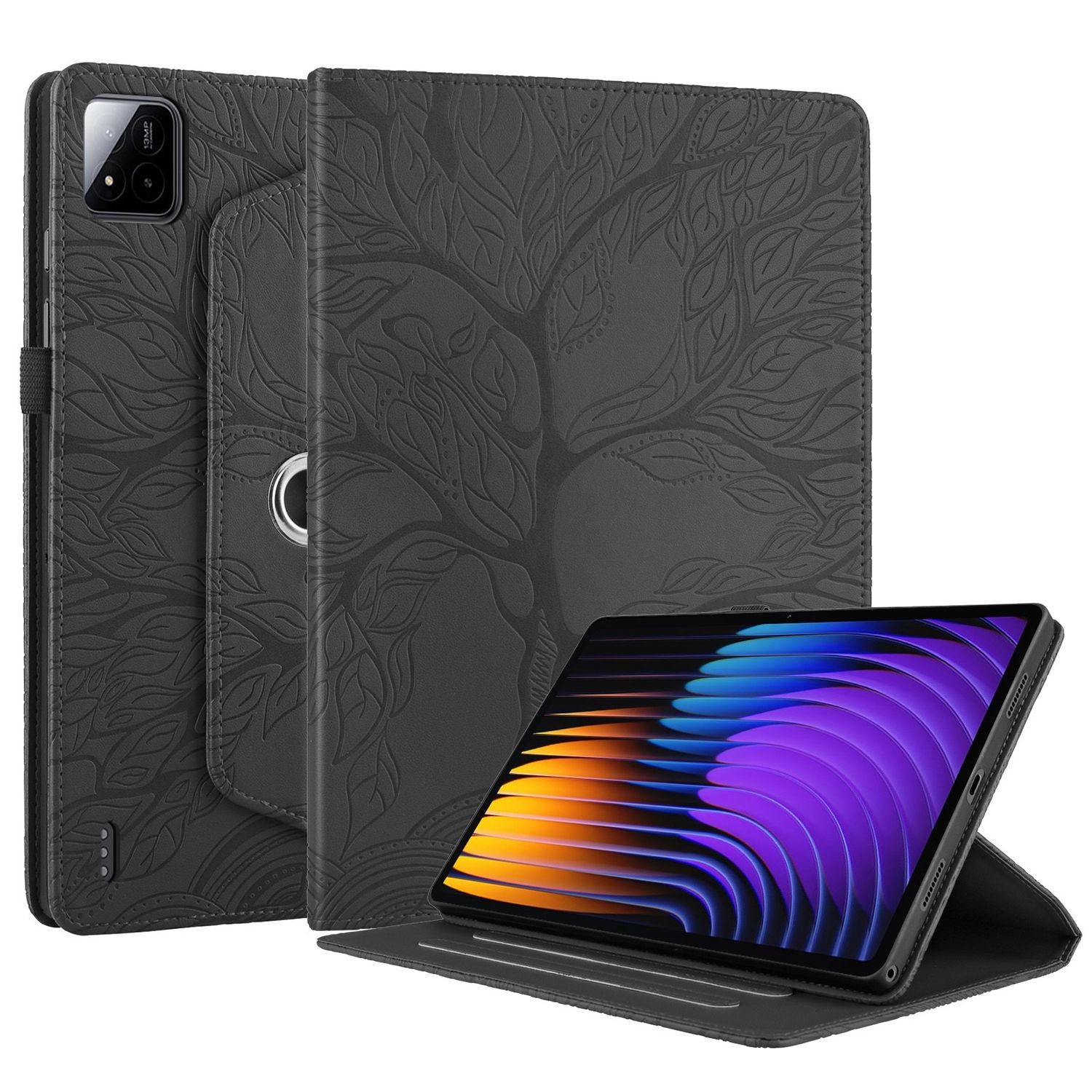 F&uuml;r Xiaomi Pad 7 / 7 Pro 360 Grad Baum Motiv Kunstleder Tasche Schwarz - Bild 1