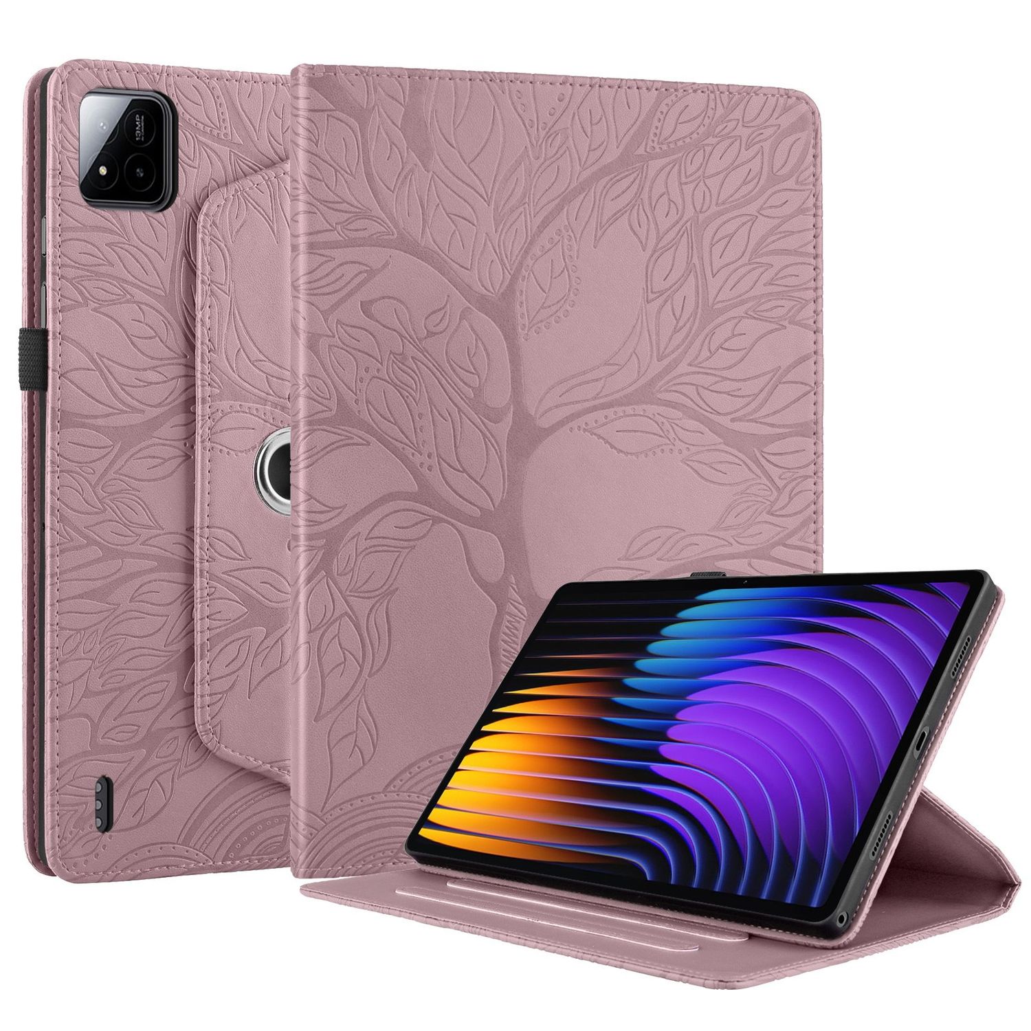 F&uuml;r Xiaomi Pad 7 / 7 Pro 360 Grad Baum Motiv Kunstleder Tasche Pink - Bild 1