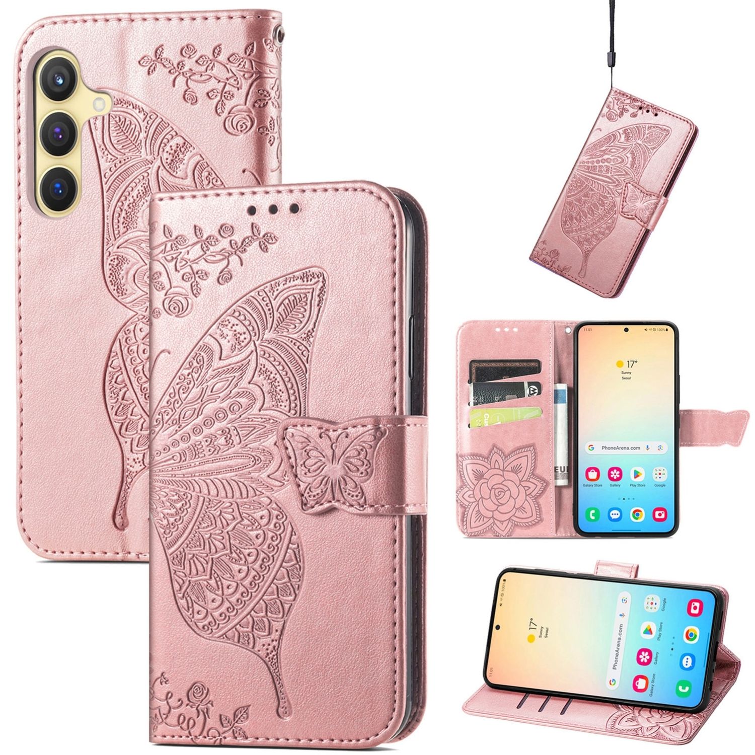 F&uuml;r Samsung Galaxy S25 5G Kunstleder Wallet Schmetterling H&uuml;lle Rosa - Bild 1