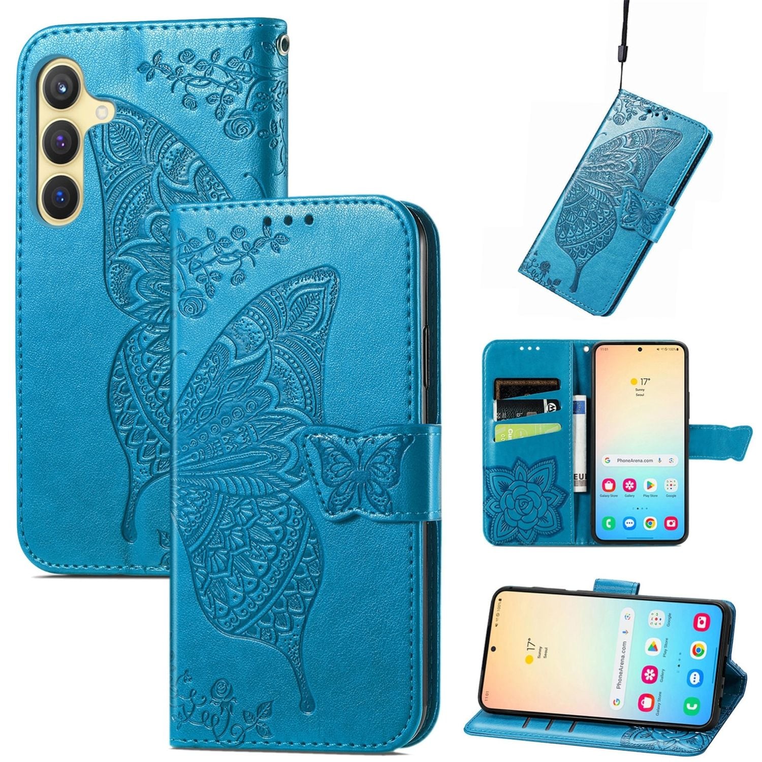 F&uuml;r Samsung Galaxy S25 5G Kunstleder Wallet Schmetterling H&uuml;lle Blau - Bild 1