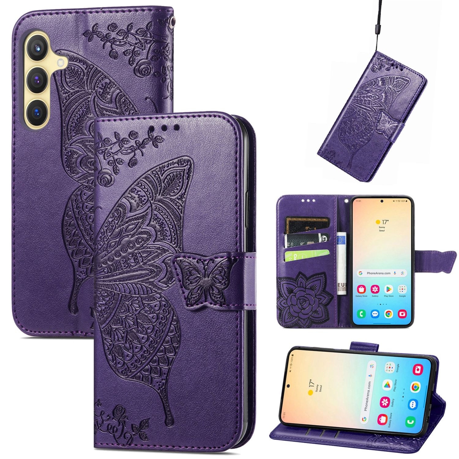 F&uuml;r Samsung Galaxy S25 5G Kunstleder Wallet Schmetterling H&uuml;lle Lila - Bild 1