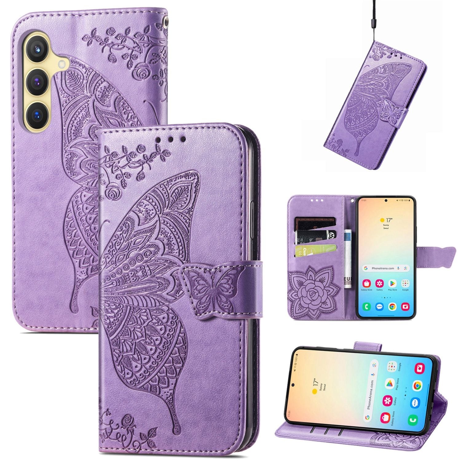 F&uuml;r Samsung Galaxy S25 Kunstleder Wallet Schmetterling H&uuml;lle H- Lila - Bild 1