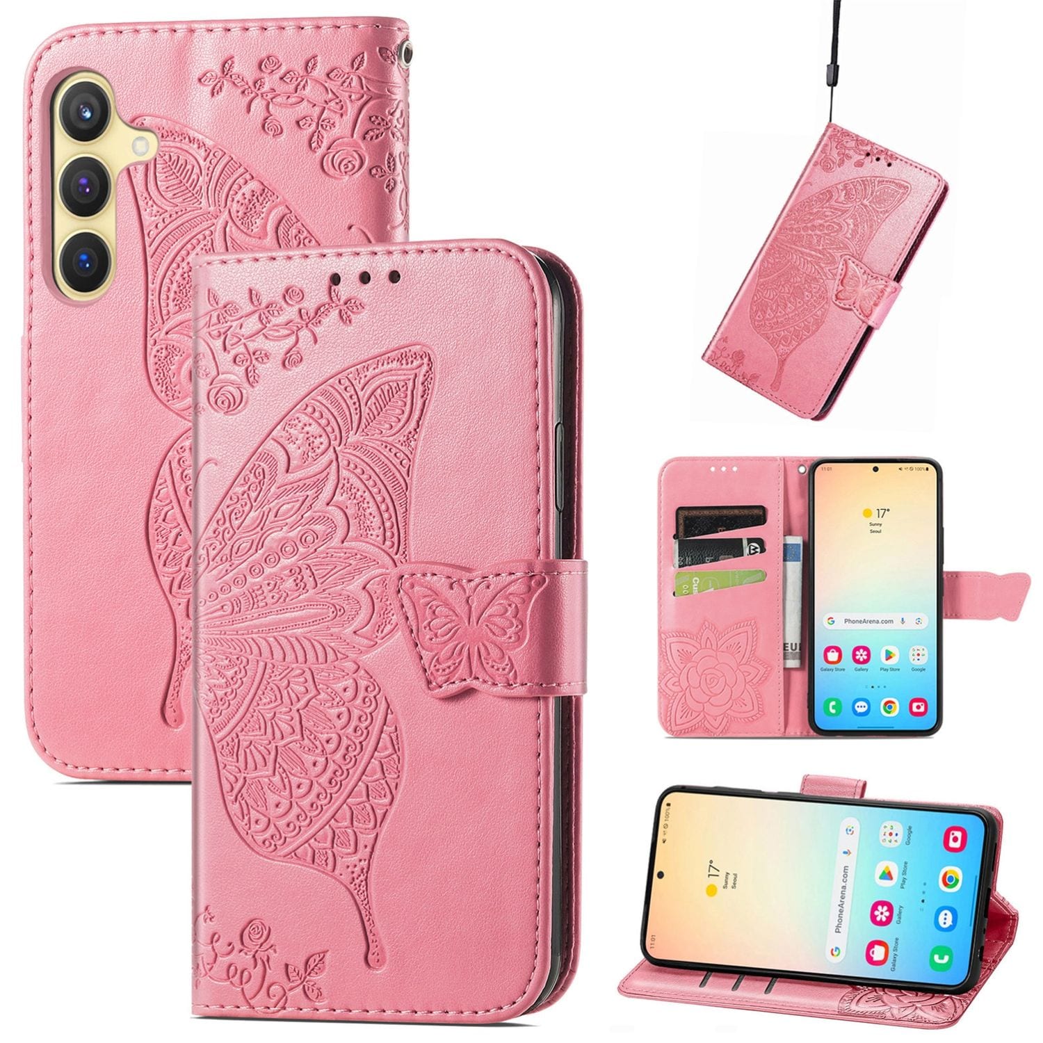 F&uuml;r Samsung Galaxy S25 Plus Kunstleder Wallet Schmetterling H&uuml;lle Pink - Bild 1