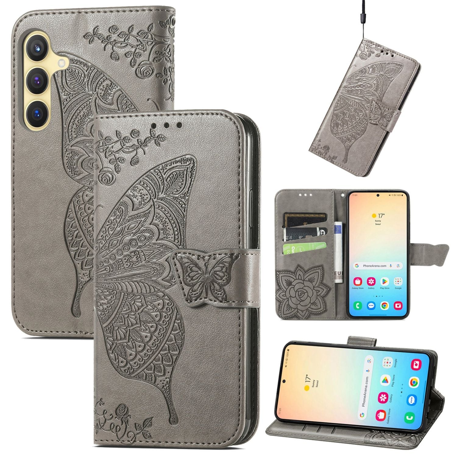 F&uuml;r Samsung Galaxy S25 Plus Kunstleder Wallet Schmetterling H&uuml;lle Grau - Bild 1