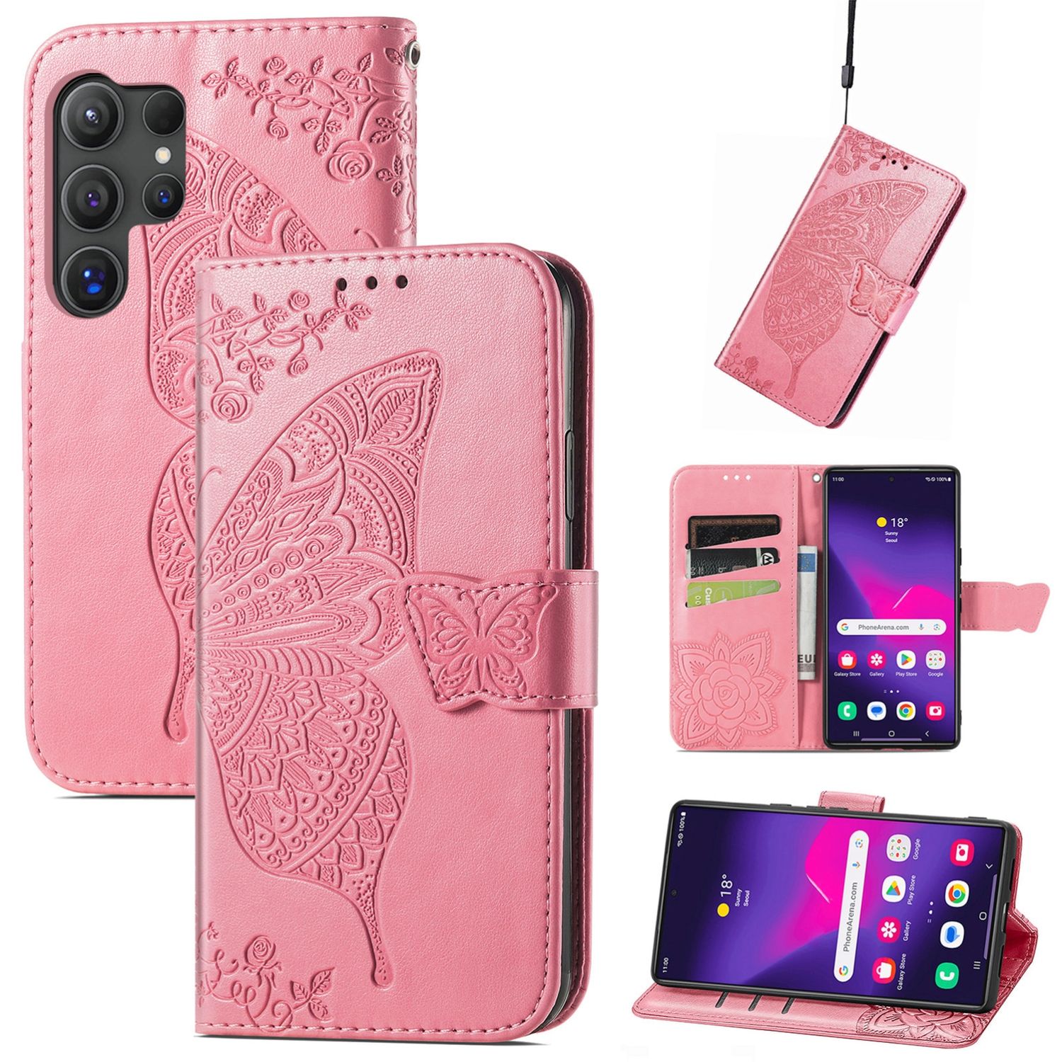 F&uuml;r Samsung Galaxy S25 Ultra Kunstleder Book Schmetterling H&uuml;lle Pink - Bild 1