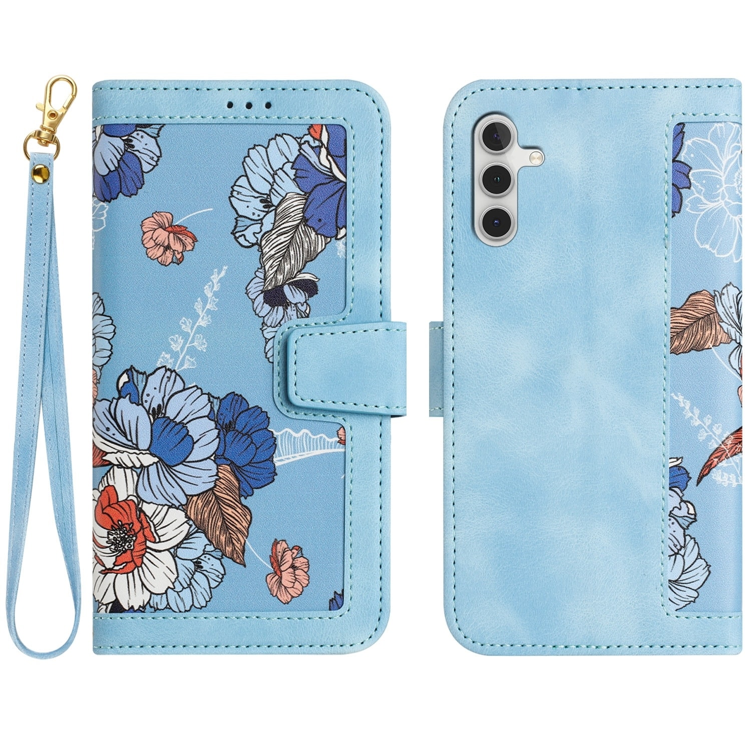 F&uuml;r Samsung Galaxy S25 Kunstleder Wallet Blumen Tasche H&uuml;lle Hellblau - Bild 1