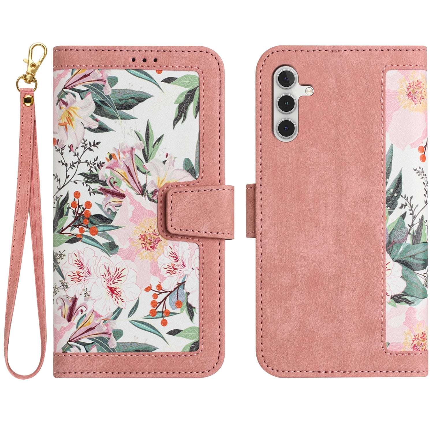 F&uuml;r Samsung Galaxy S25 Kunstleder Book Wallet Blumen Tasche H&uuml;lle Rosa - Bild 1