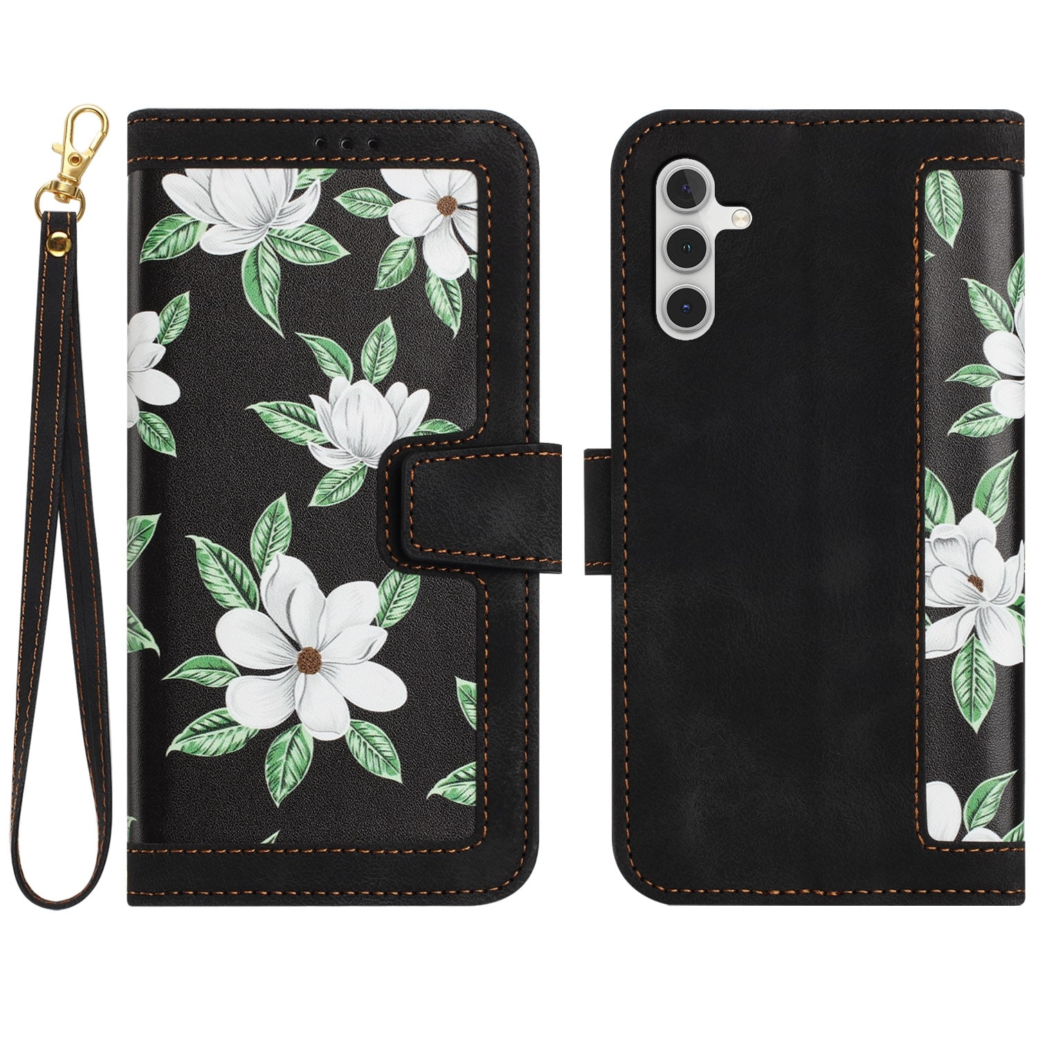 F&uuml;r Samsung Galaxy S25 Kunstleder Wallet Blumen Tasche H&uuml;lle Schwarz - Bild 1