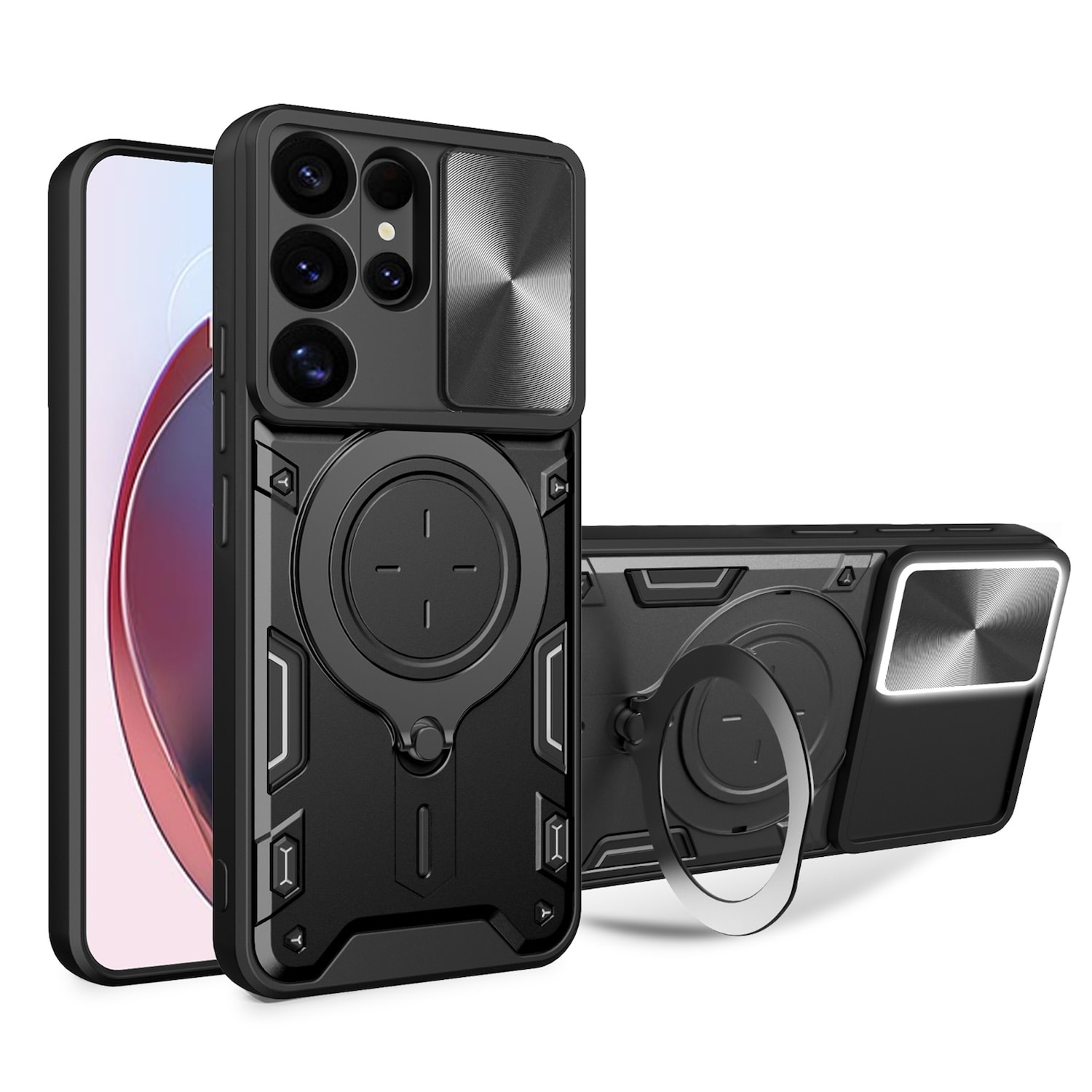 F&uuml;r Samsung Galaxy S25 Ultra Sliding Kamera Hybrid Ring H&uuml;lle Schwarz - Bild 1
