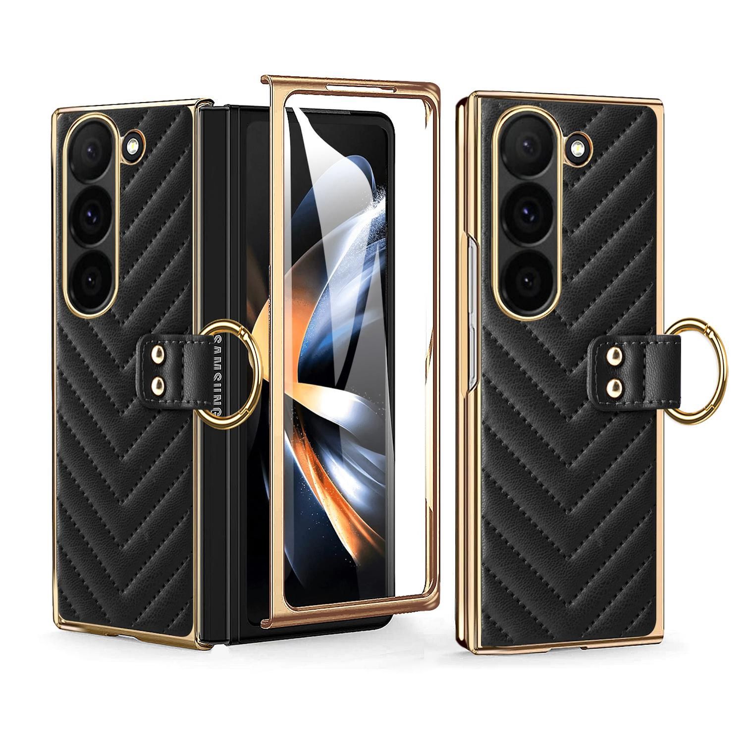 F&uuml;r Samsung Galaxy Z Fold6 Dream Series Ring Kunstleder H&uuml;lle Schwarz - Bild 1