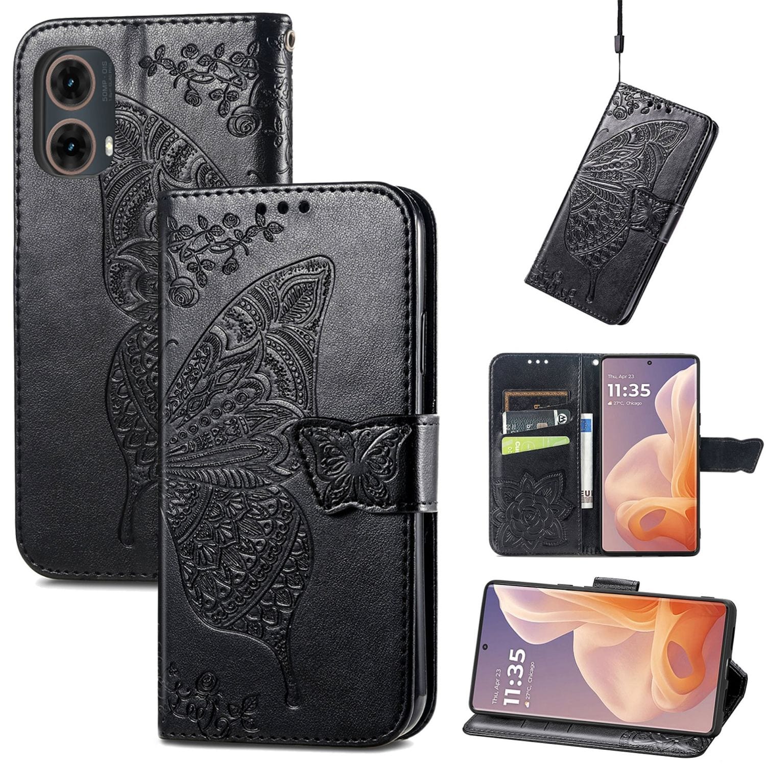 F&uuml;r Motorola Moto G85 Kunstleder Schmetterling Wallet H&uuml;lle Schwarz - Bild 1