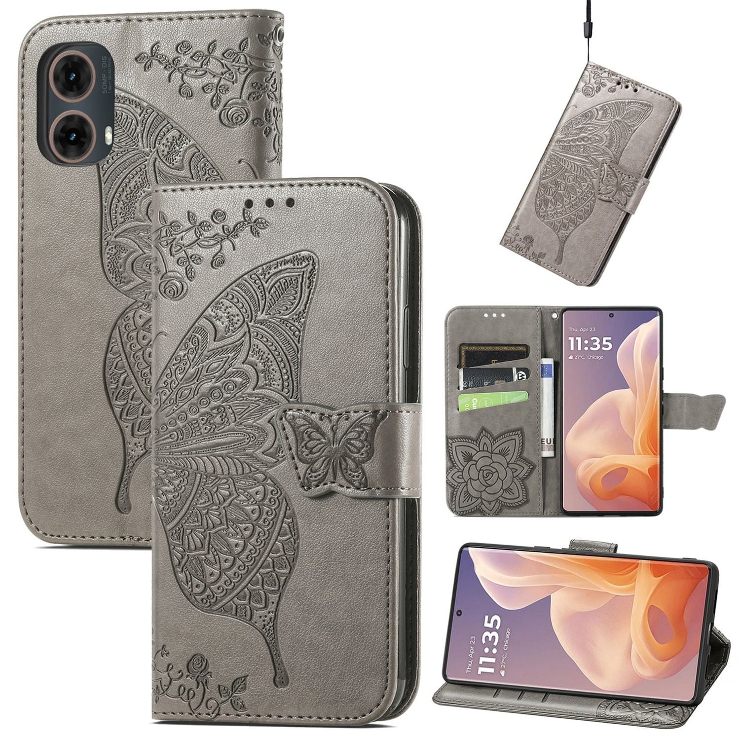 F&uuml;r Motorola Moto G85 Kunstleder Schmetterling Book Wallet H&uuml;lle Grau - Bild 1