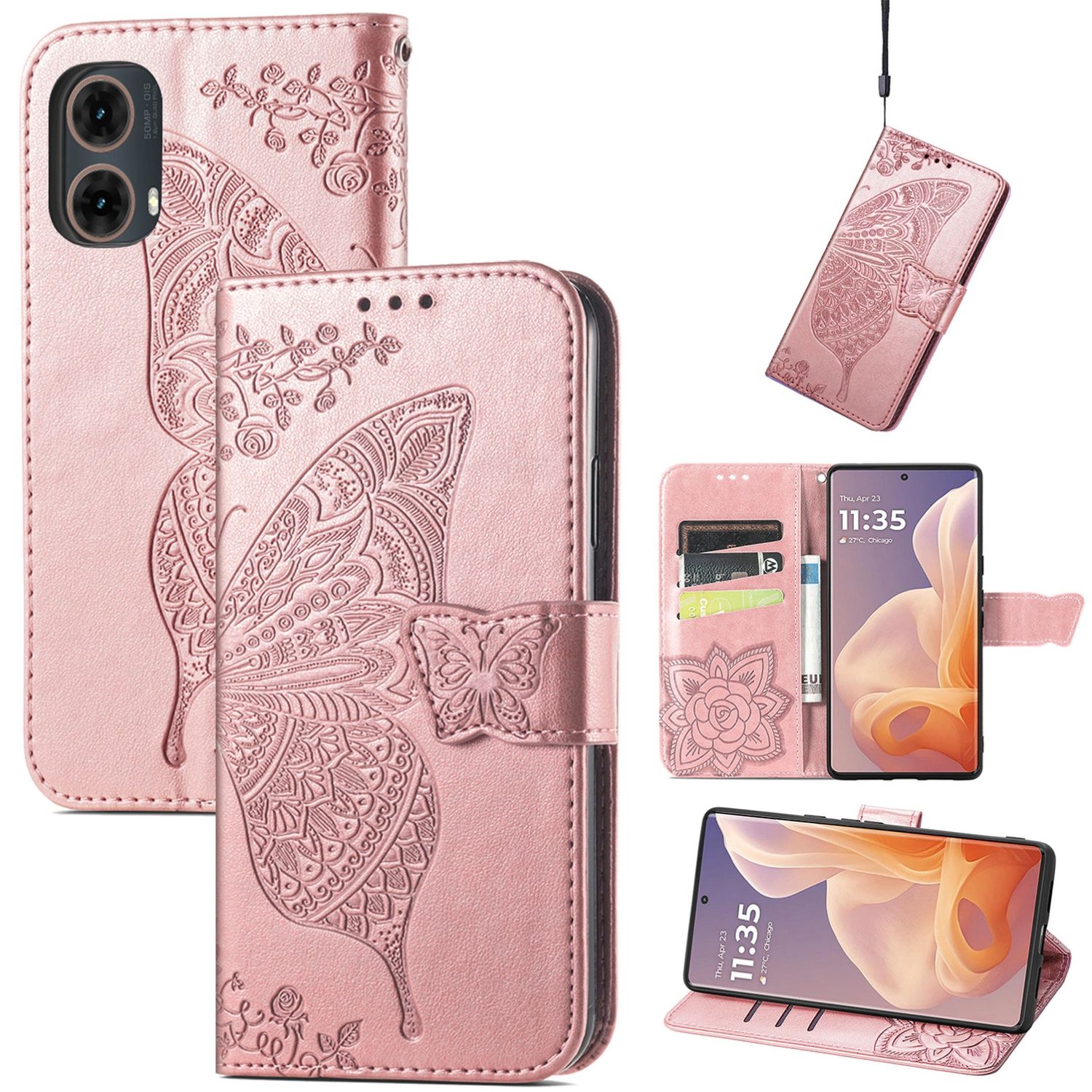 F&uuml;r Motorola Moto G85 Kunstleder Schmetterling Book Wallet H&uuml;lle Rosa - Bild 1