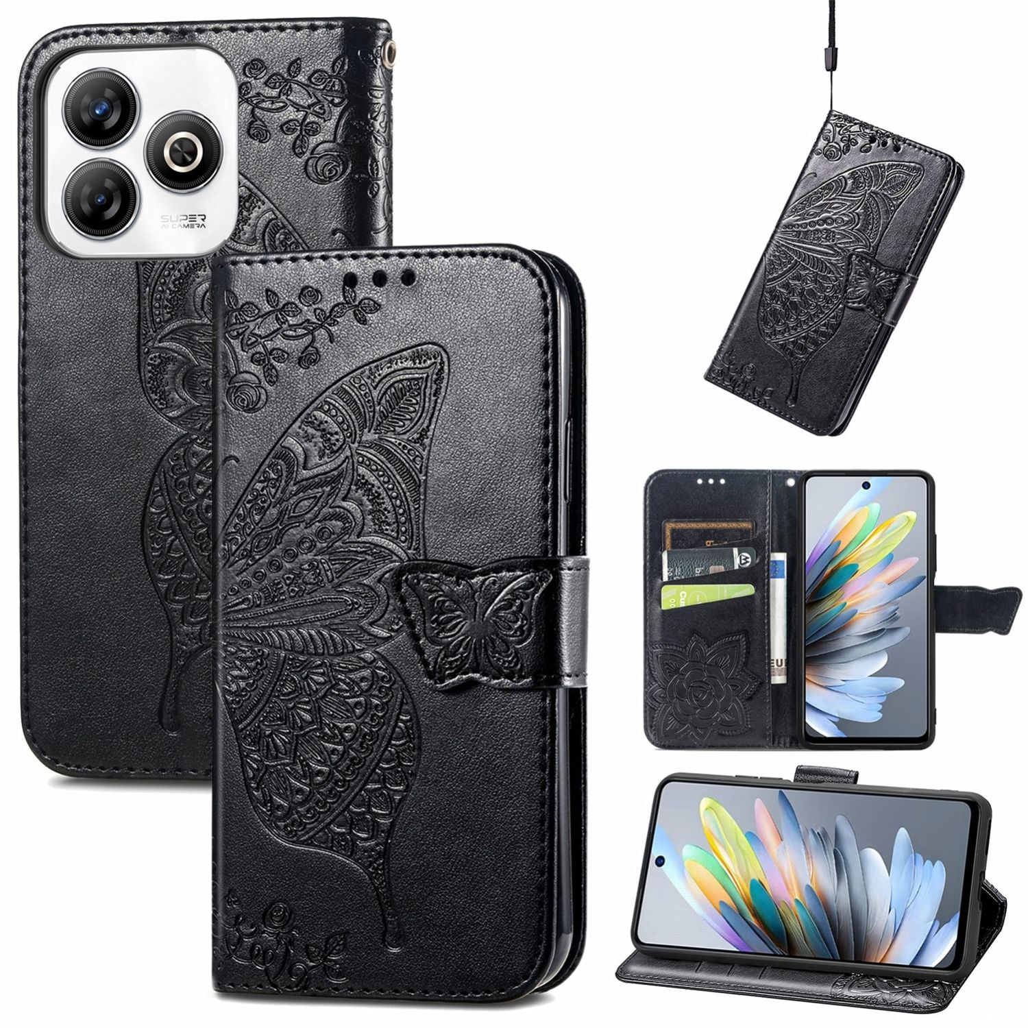 F&uuml;r ZTE Blade A75 4G Kunstleder Schmetterling Wallet H&uuml;lle Schwarz - Bild 1