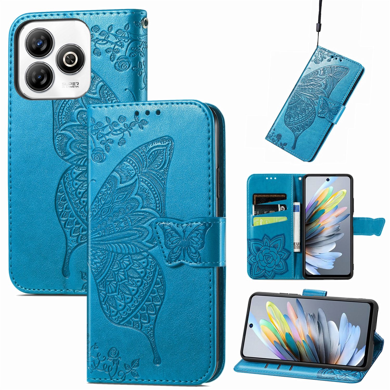 F&uuml;r ZTE Blade A75 4G Kunstleder Schmetterling Wallet H&uuml;lle Tasche Blau - Bild 1