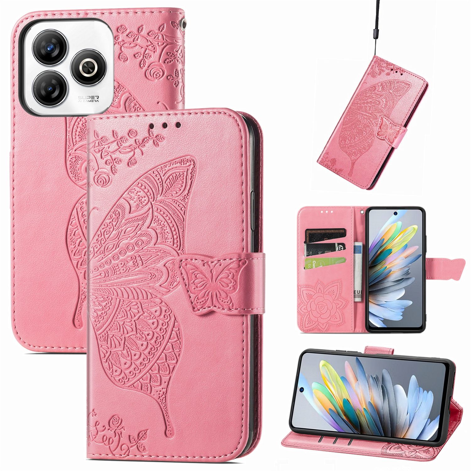 F&uuml;r ZTE Blade A75 4G Kunstleder Schmetterling Wallet H&uuml;lle Tasche Pink - Bild 1