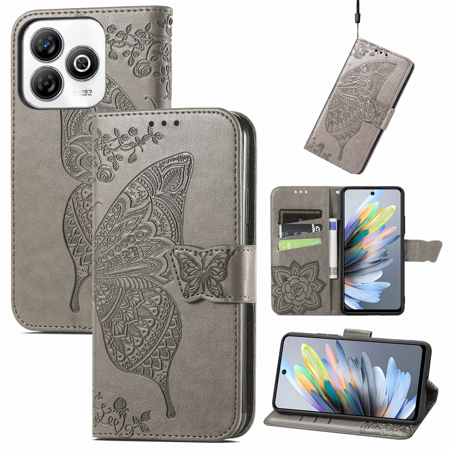 F&uuml;r ZTE Blade A75 4G Kunstleder Schmetterling Wallet H&uuml;lle Tasche Grau - Bild 1
