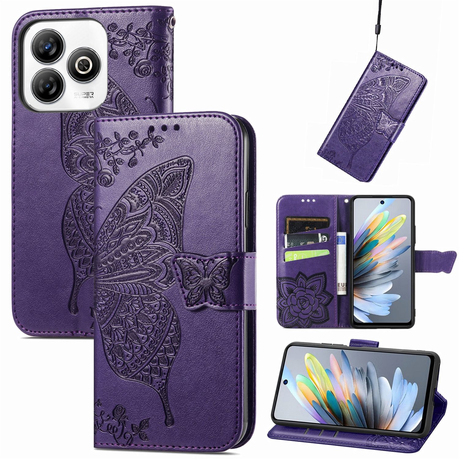 F&uuml;r ZTE Blade A75 4G Kunstleder Schmetterling Wallet H&uuml;lle Tasche Lila - Bild 1