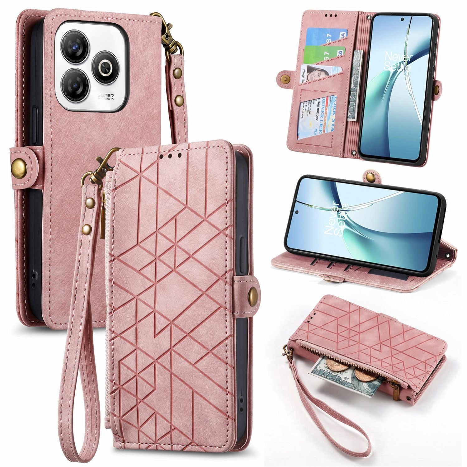 F&uuml;r ZTE Blade A75 4G Design Kunstleder Zipper Book Wallet Tasche Rosa - Bild 1