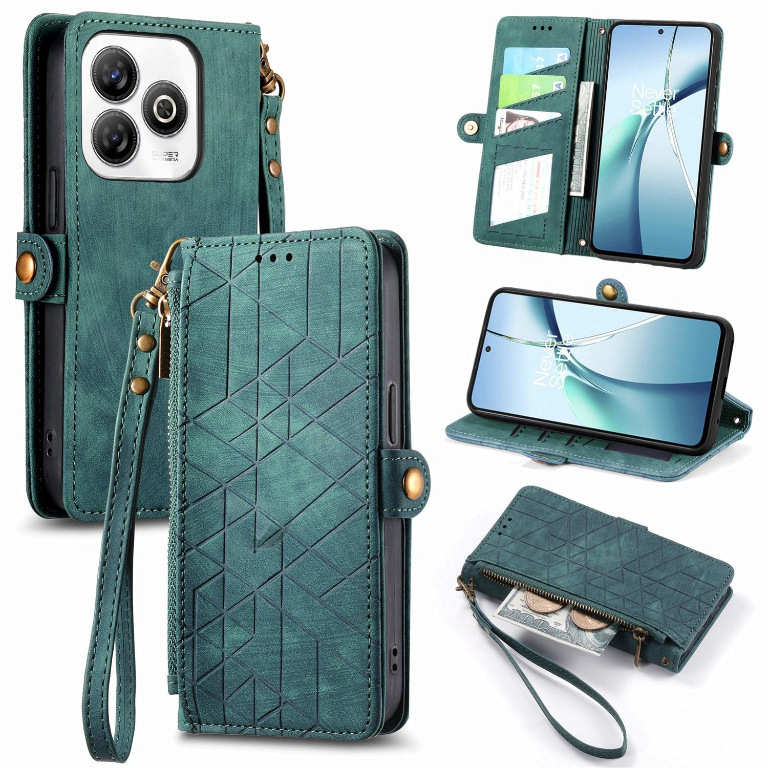 F&uuml;r ZTE Blade A75 4G Design Kunstleder Zipper Book Wallet Tasche Gr&uuml;n - Bild 1