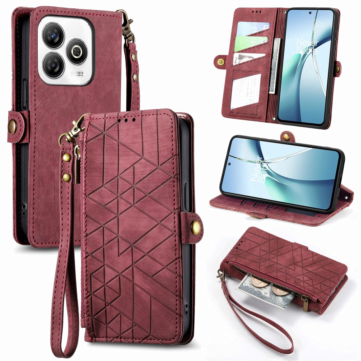 F&uuml;r ZTE Blade A75 4G Design Kunstleder Zipper Book Wallet Tasche Rot - Bild 1