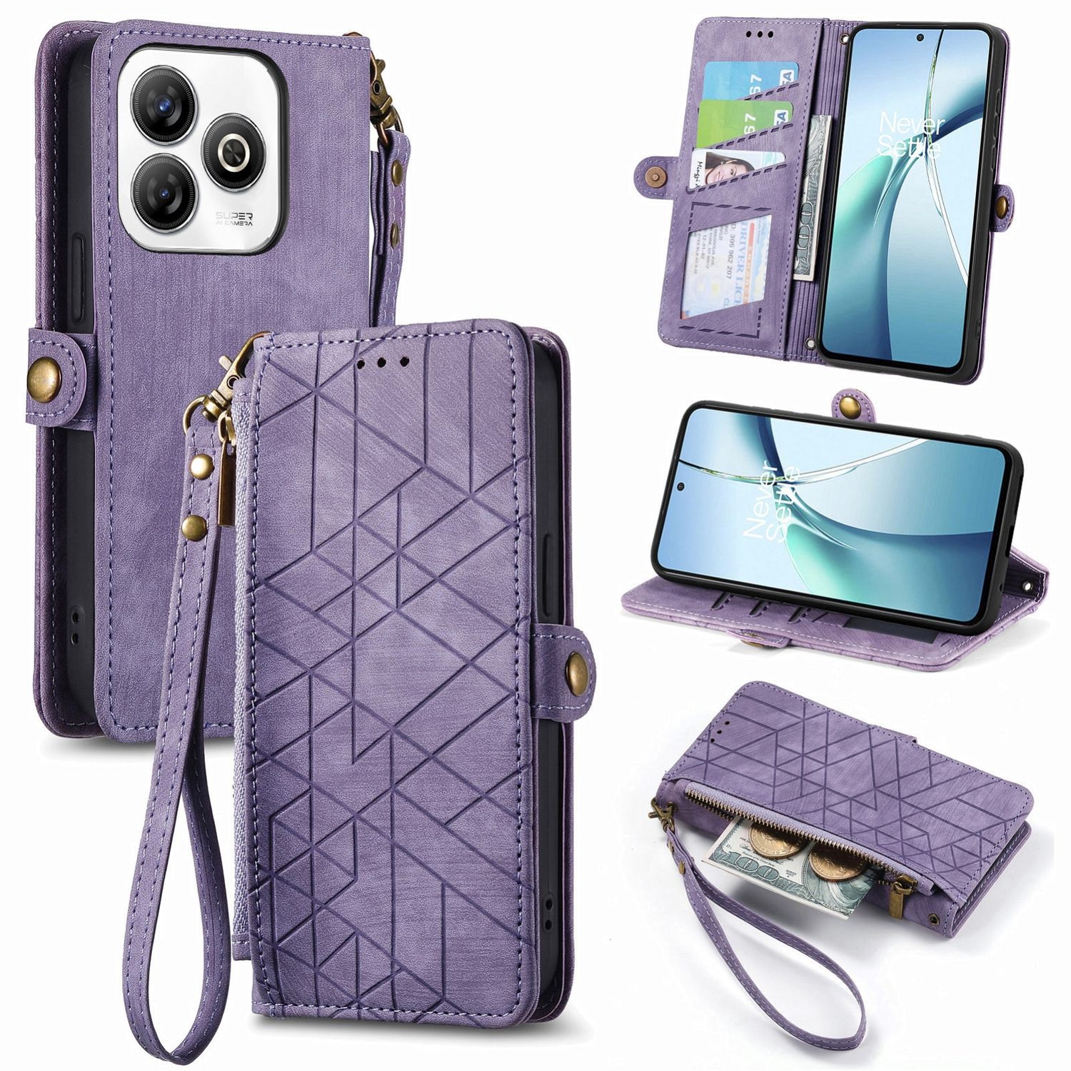 F&uuml;r ZTE Blade A75 4G Design Kunstleder Zipper Book Wallet Tasche Lila - Bild 1