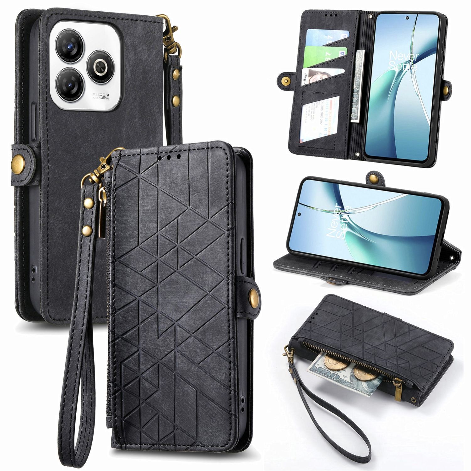 F&uuml;r ZTE Blade A75 4G Design Kunstleder Zipper Wallet Tasche Schwarz - Bild 1