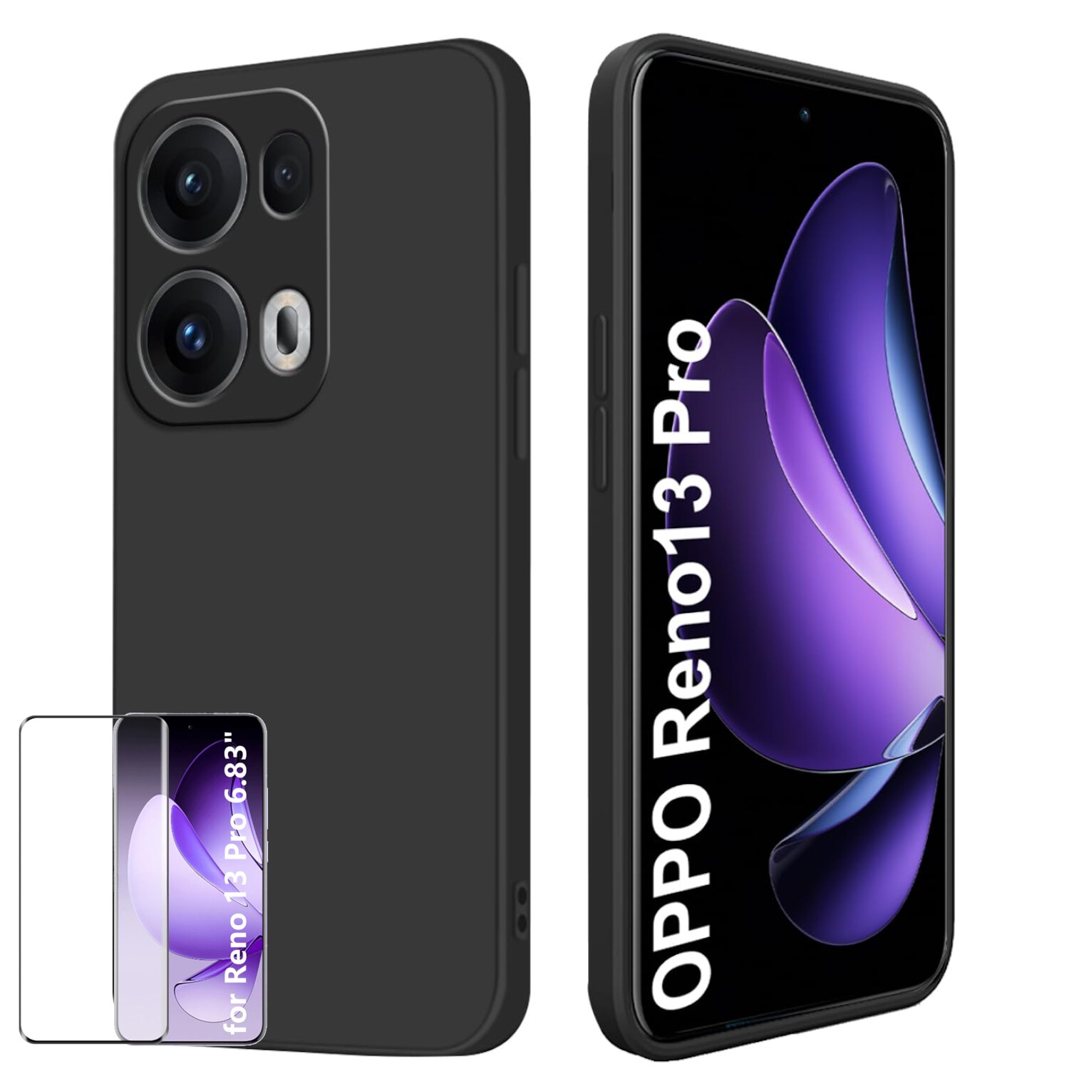 F&uuml;r Oppo Reno 13 Pro 5G TPU Silikon H&uuml;lle Schwarz + 4D Curved Glas - Bild 1