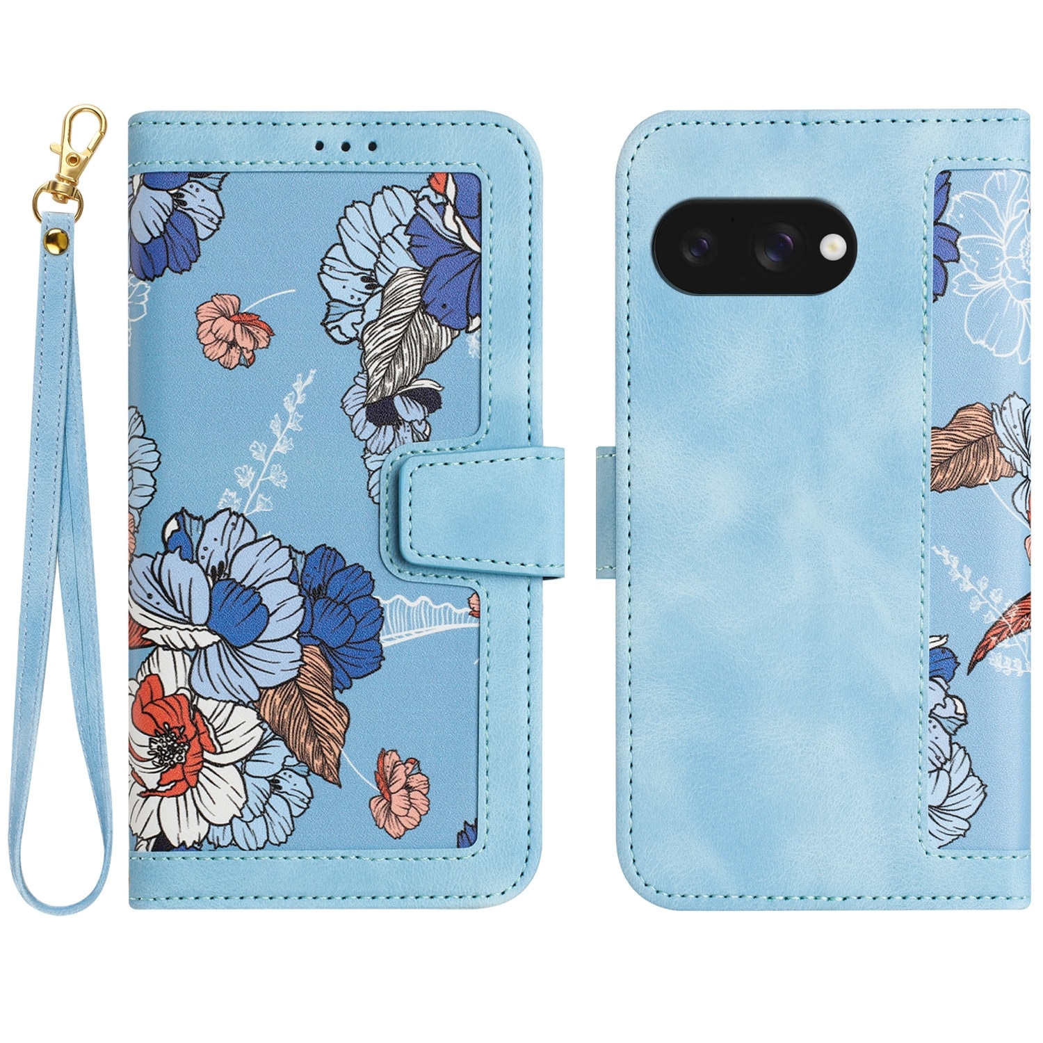 F&uuml;r Google Pixel 9a Kunstleder Wallet Blumen Tasche H&uuml;lle Hellblau - Bild 1