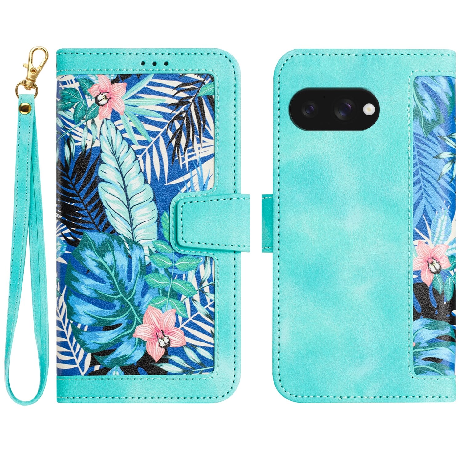 F&uuml;r Google Pixel 9a Kunstleder Book Wallet Blumen Tasche H&uuml;lle Gr&uuml;n - Bild 1