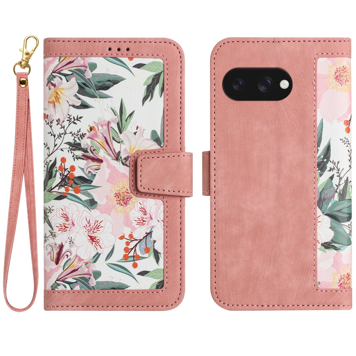 F&uuml;r Google Pixel 9a Kunstleder Book Wallet Blumen Tasche H&uuml;lle Rosa - Bild 1