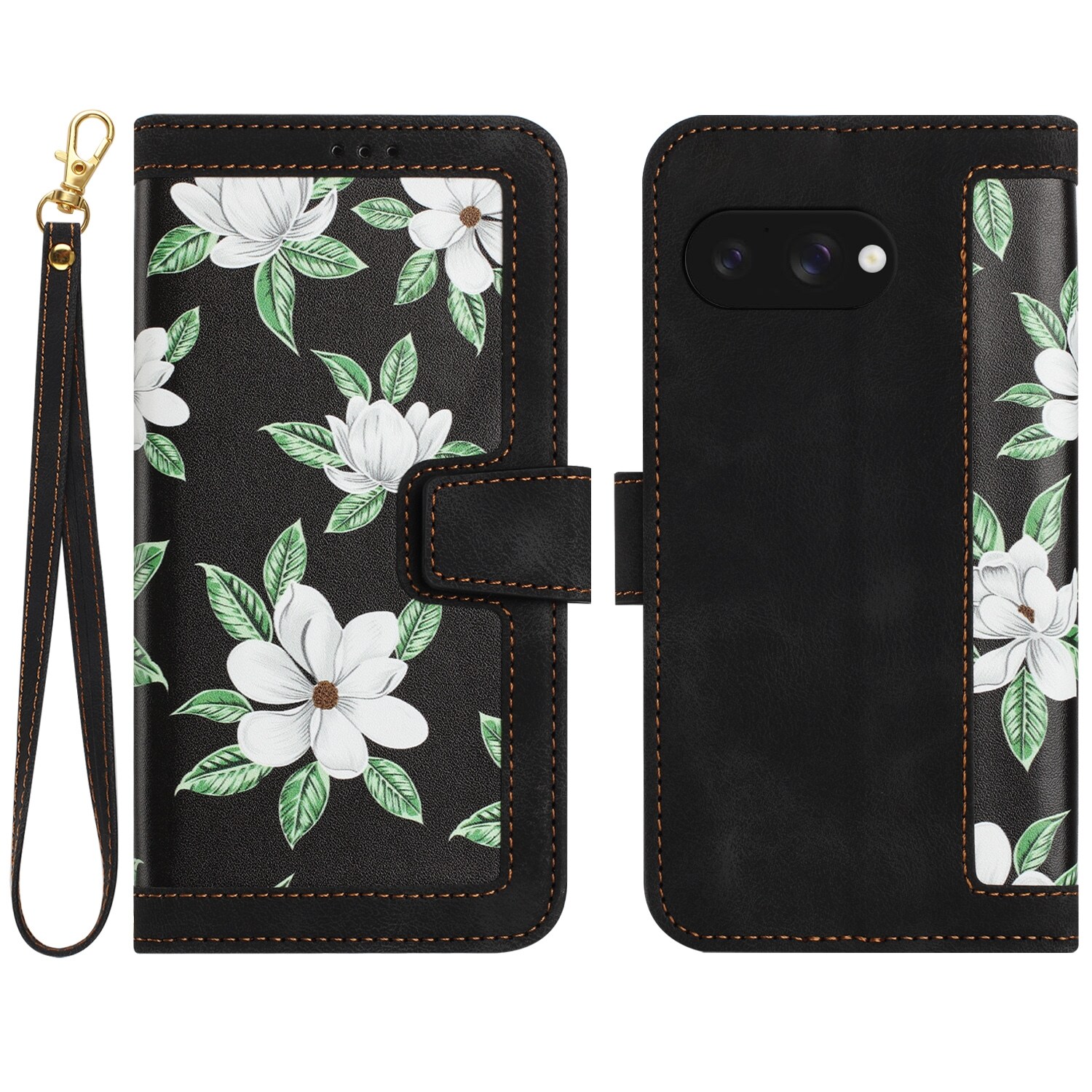 F&uuml;r Google Pixel 9a Kunstleder Book Wallet Blumen Tasche H&uuml;lle Schwarz - Bild 1