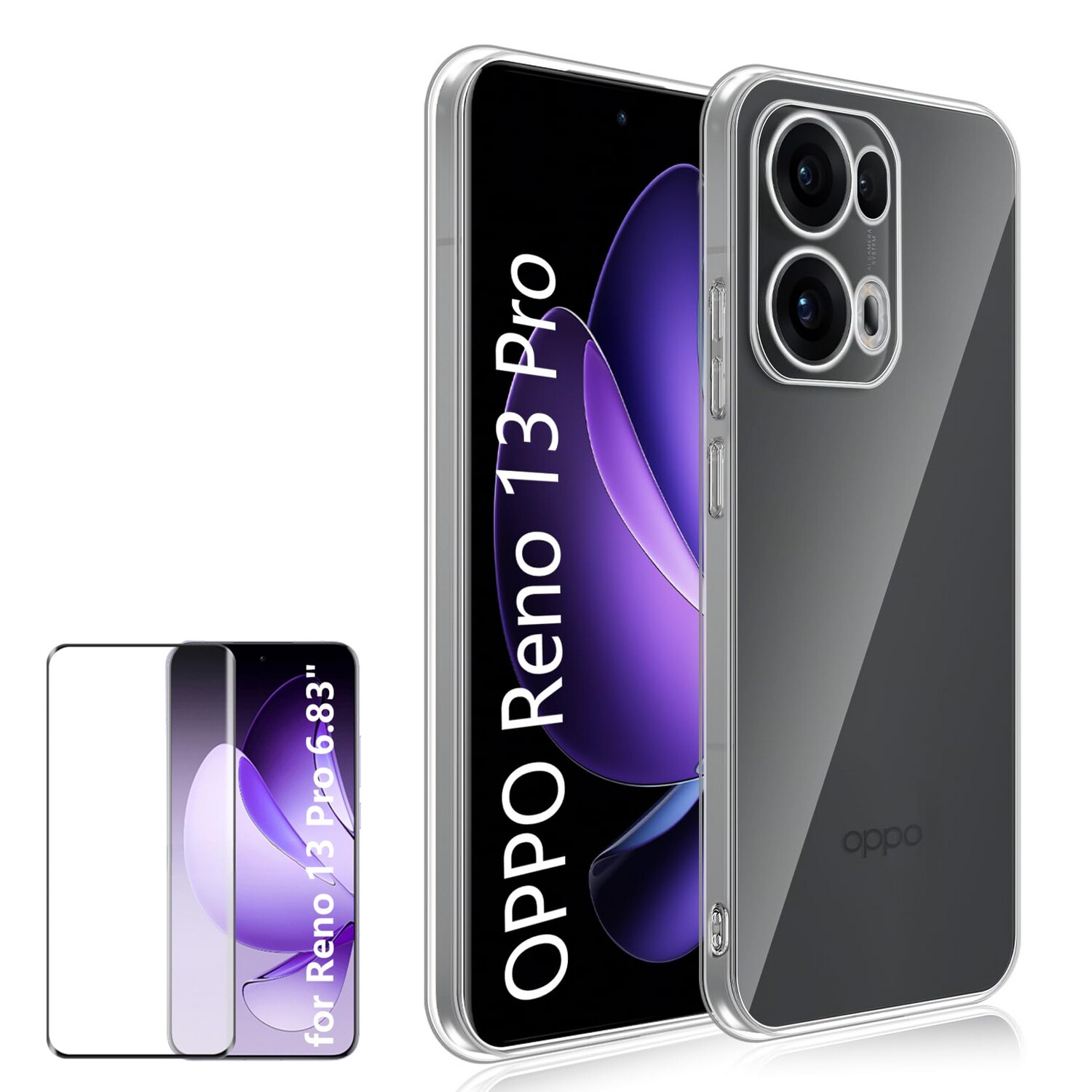 F&uuml;r Oppo Reno 13 Pro 5G TPU Silikon H&uuml;lle Transparent + Curved Glas - Bild 1