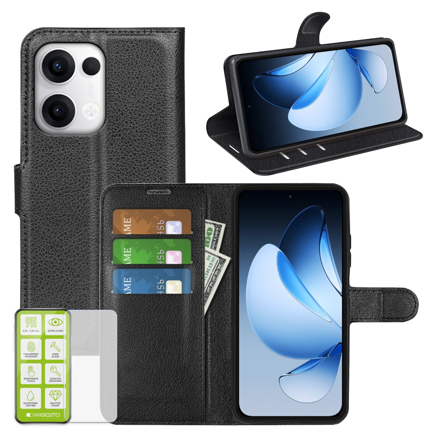 F&uuml;r Oppo Reno 13 5G Kunstleder Book Wallet Tasche H&uuml;lle + H9 Hart Glas - Bild 1