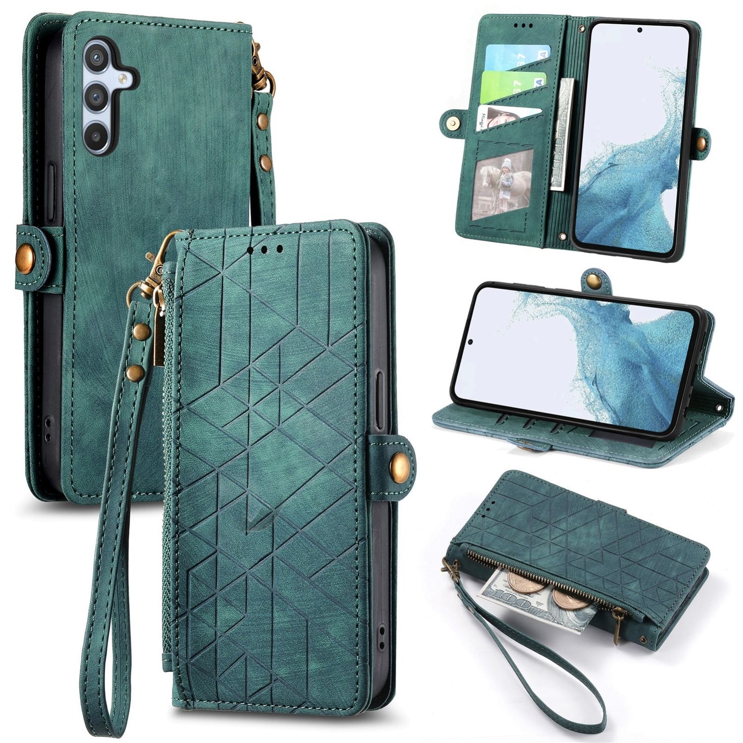 Für Samsung Galaxy A56 / A36 Kunstleder Zipper Book Wallet Tasche Grün