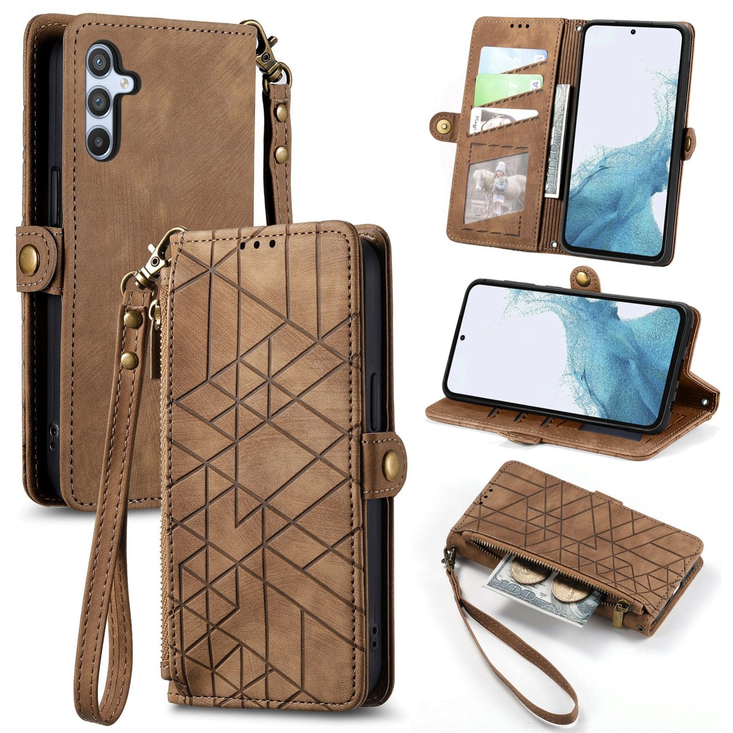 F&uuml;r Samsung Galaxy A56 / A36 Kunstleder Zipper Wallet Tasche Braun - Bild 1