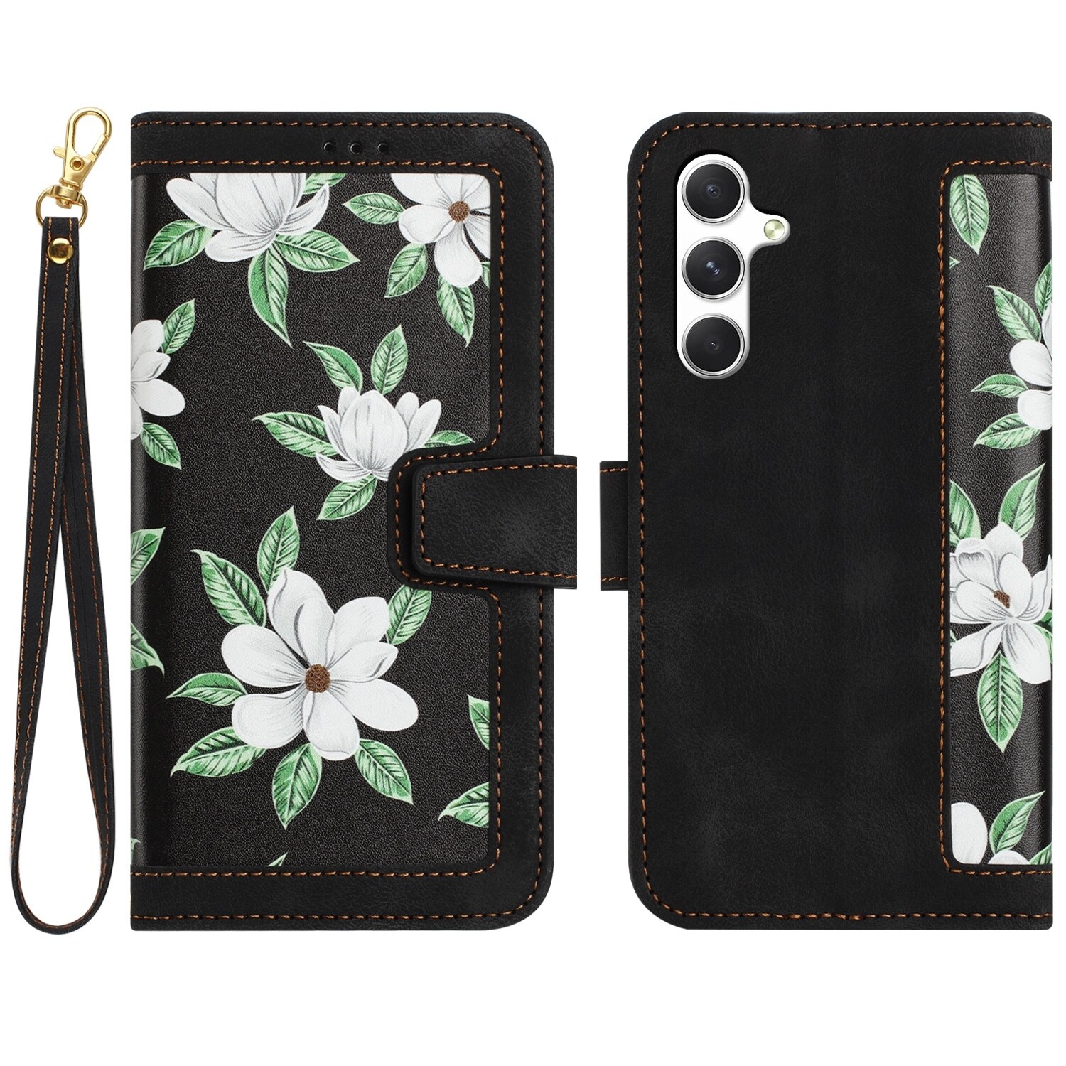 F&uuml;r Samsung Galaxy A56 / A36 Kunstleder Wallet Blumen Tasche Schwarz - Bild 1